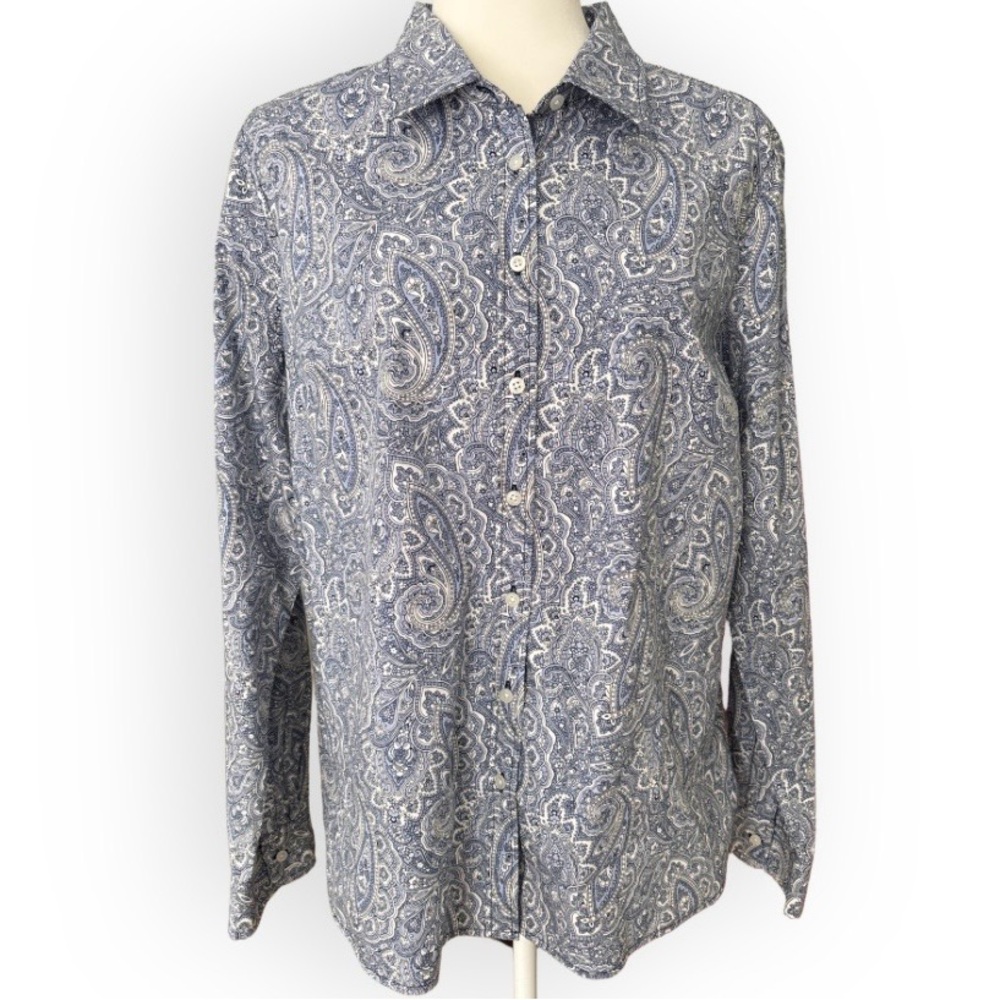 Talbots Cotton Button Front Paisley Shirt Blue and White Size L